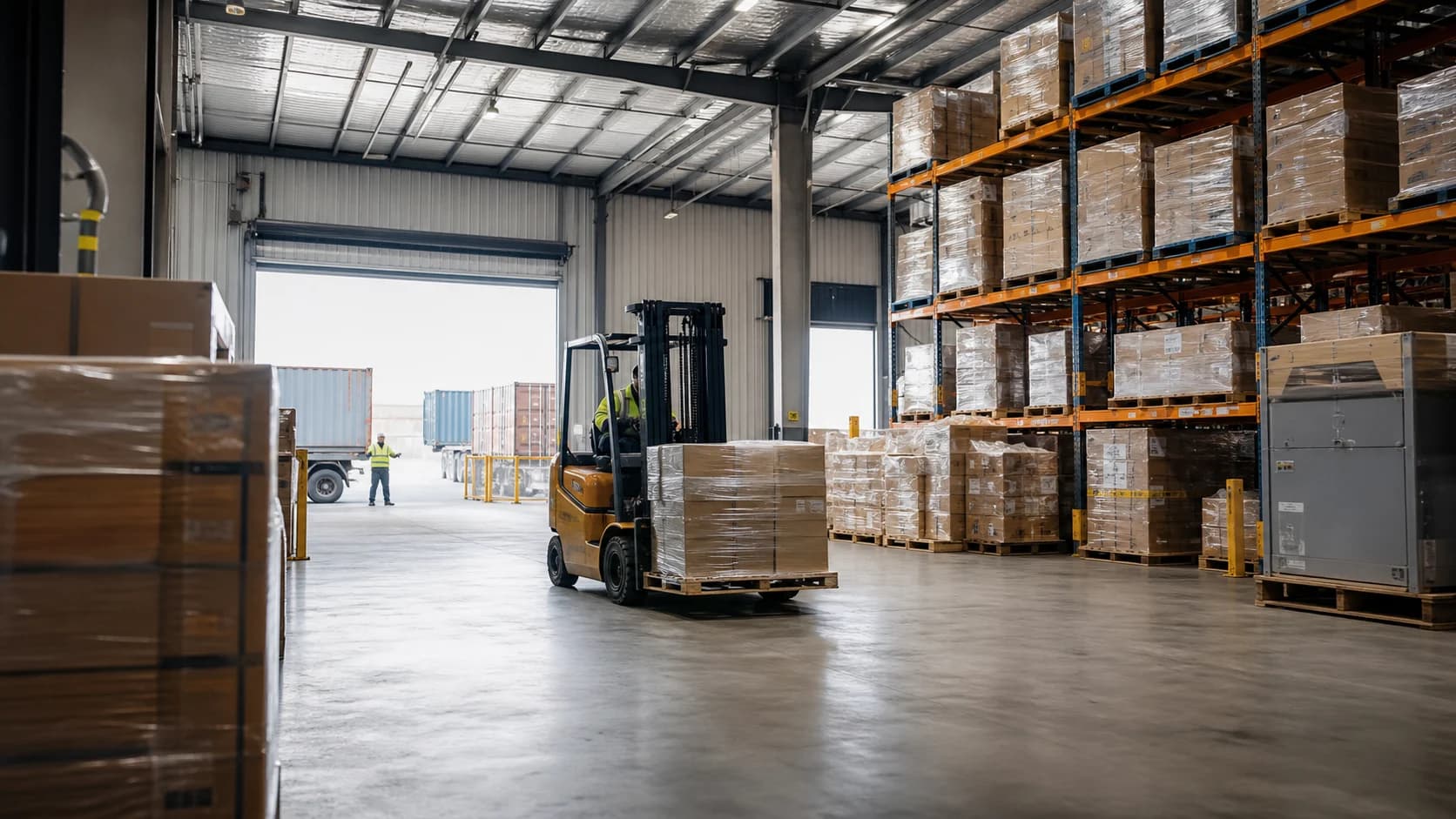 Freight pallets moving through a modern warehouse
